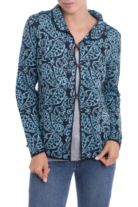 Women's Lapel Collar SweatersPaisley Elegance in Cerulean Alpaca Blend Cardigan with Cerulean Paisley Motifs from Peru