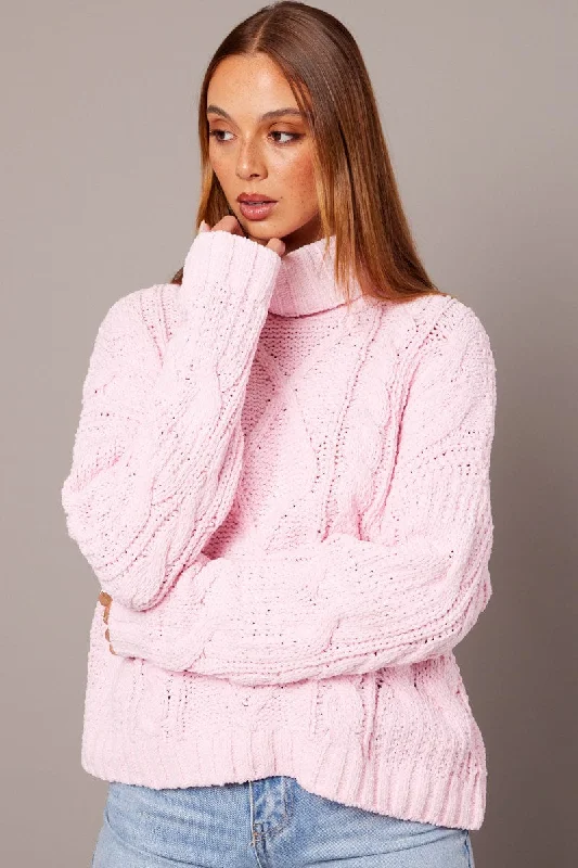 Women's Collarless Design SweatersPink Cable Knit Jumper High Neck