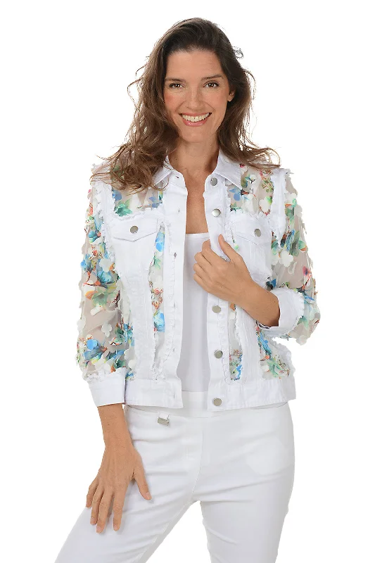 Women's Coats with Fur Trimmed PocketsWhite Flower Petal Sheer Denim Jacket