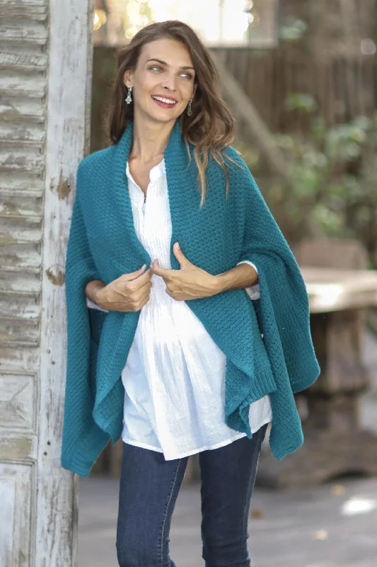 Women's High Collar SweatersChic Warmth in Teal Patterned Knit Cotton Shawl in Teal from Thailand