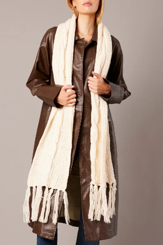 Women's Zip-Up SweatersWhite Knit Scarf with Tassel