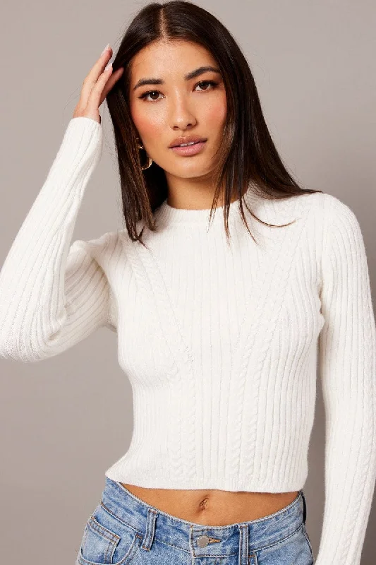 Women's V-Neck Woolen SweatersWhite Cable Knit Long Sleeve