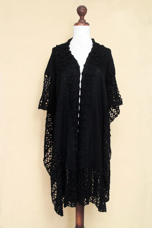 Women's Montenegrin Wool SweatersEbony Whisper Lacy Knitted Black 100% Alpaca Long Kimono Cape from Peru