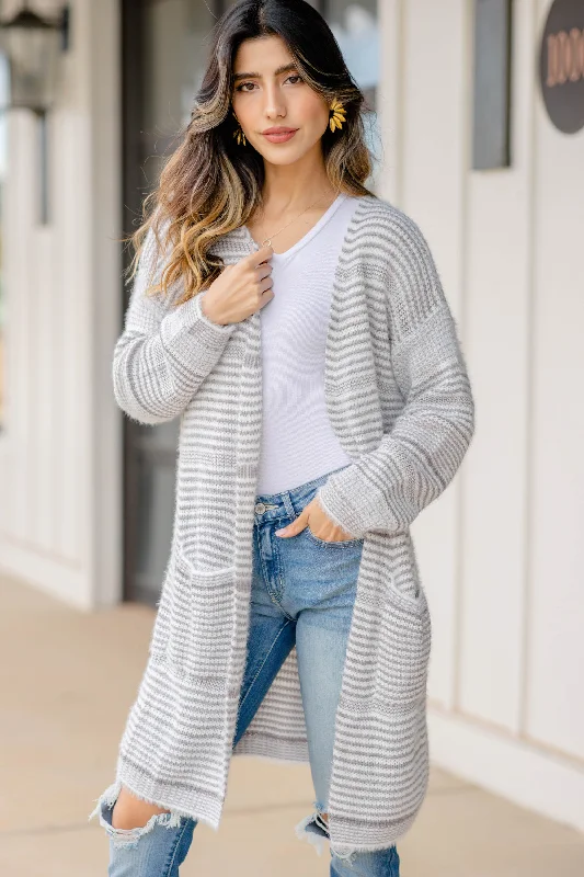 Women's Coats with Fur Trimmed ZipperFeeling Harmonious Gray Striped Cardigan