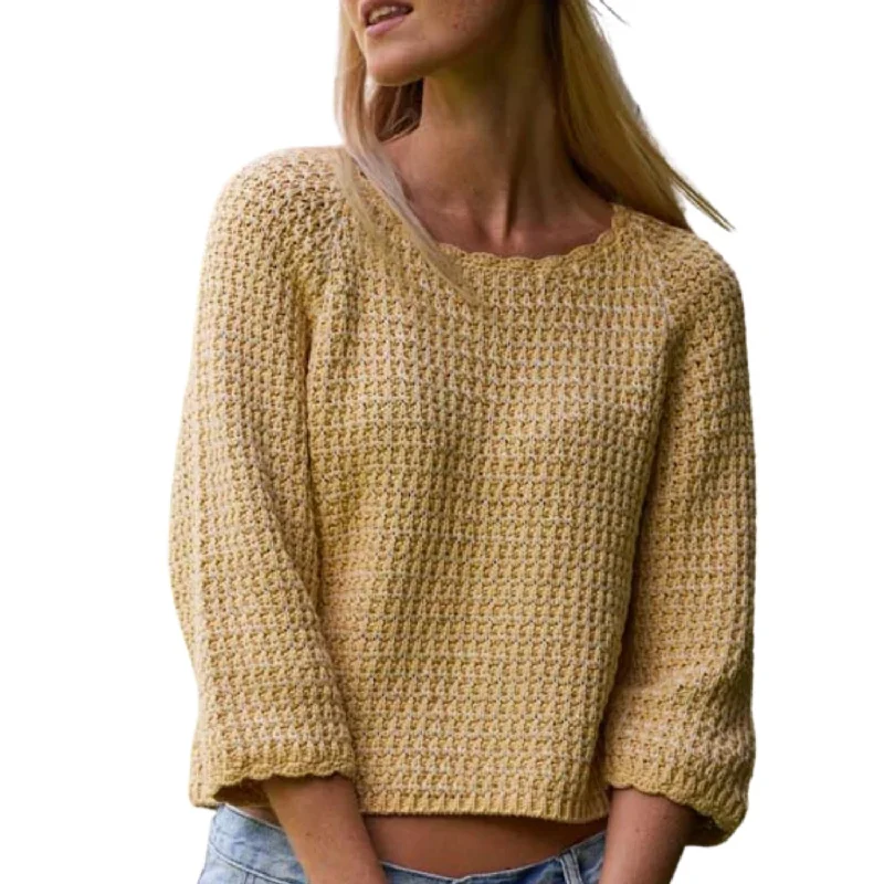 Women's Frilled SweatersChunky Tape Cotton Blend Textured Crew Pullover Sweater In Banana Yellow