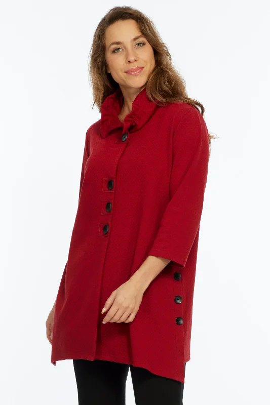 Women's Anorak CoatsLIOR Women's Red Ruffle Neck Long Button Up Jacket - "Kayla"