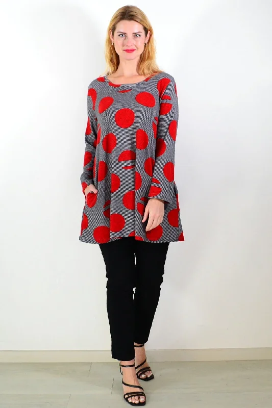 Women's Coats with PocketsRed Dot Black Stripes Fleece Tunic Top