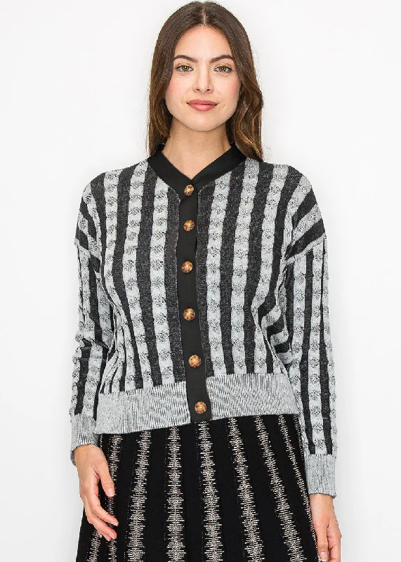 Women's Puffed Sleeve SweatersBlack and Grey Buttoned Cardigan