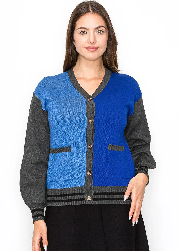 Women's V-Shaped Collar SweatersBlue and Grey Color-Block Cardigan