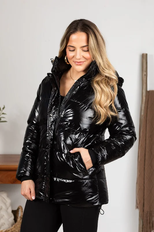 Women's Blazer CoatsBlack Glossy Faux Leather Jacket