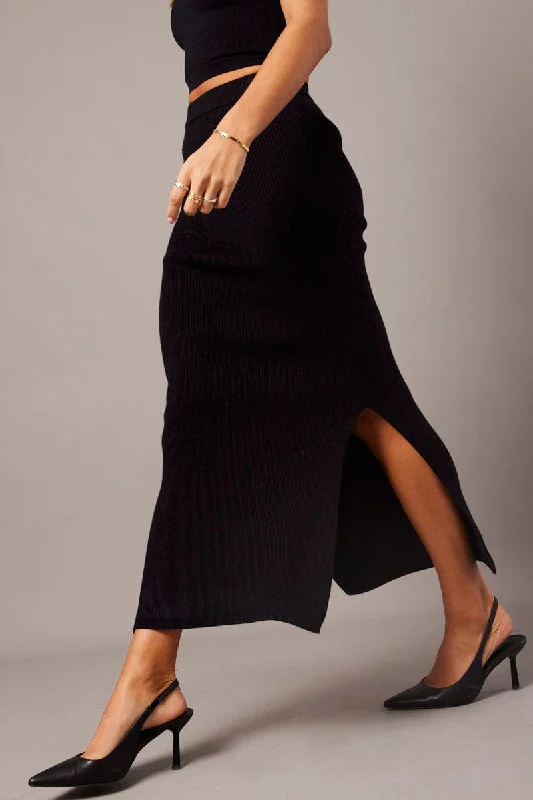 Women's Montenegrin Wool SweatersBlack Knit Skirt Front Split High Rise