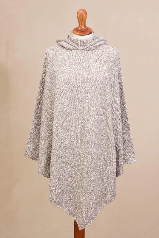 Women's Croatian Wool SweatersAdventurous Style in Taupe Knit Alpaca Blend Hooded Poncho in Taupe from Peru