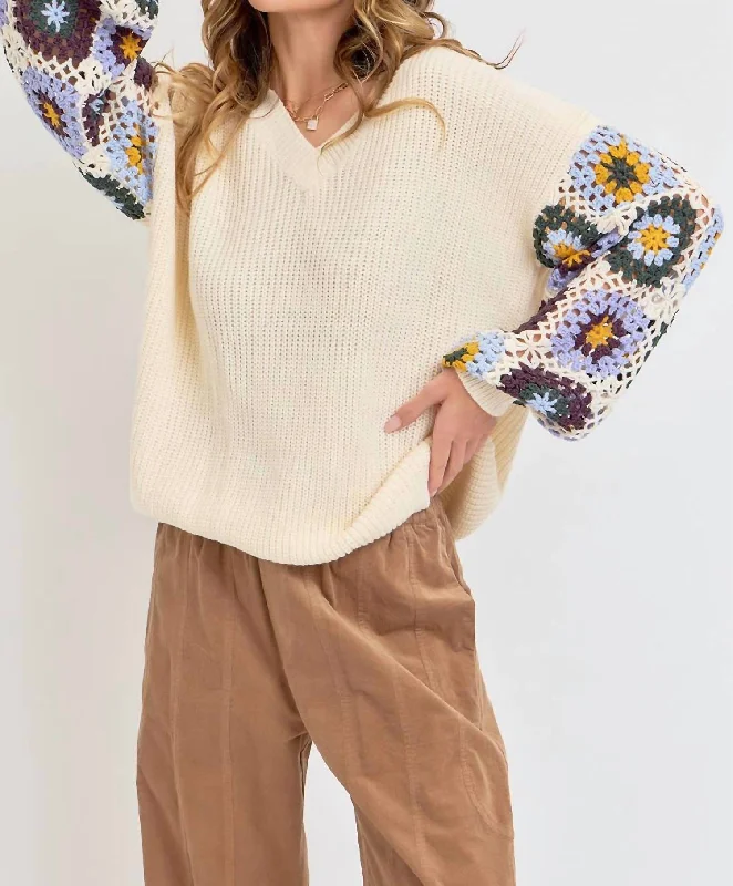 Women's Slovak Wool SweatersCrochet Patchwork Sweater In Ivory/blue