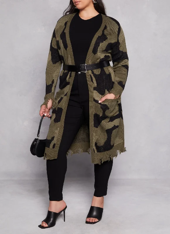 Women's Coats with ButtonsPlus Size Camo Distressed Long Cardigan