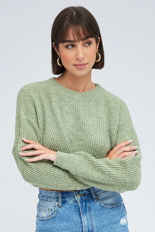 Women's Narrow Collar SweatersGreen Knit Jumper Round Neck Long Sleeve Crop