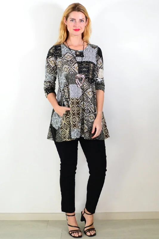 Women's Coats with Fur Trimmed SleevesBrown Abstract Print Fleece Tunic Top