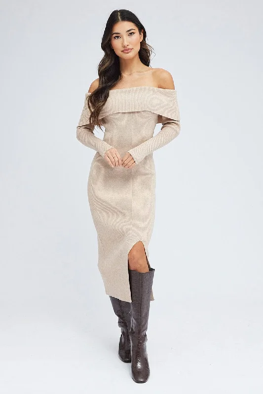 Women's Shirt Collar SweatersCamel Midi Dress Long Sleeve Off Shoulder Bardot Knit