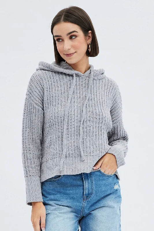 Women's Collarless Design SweatersGrey Knit Top Long Sleeve Hoodie