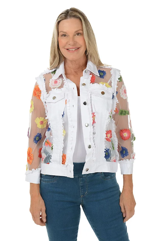 Women's Coats with ZipperColorful Embroidered Flowers Sheer Denim Jacket