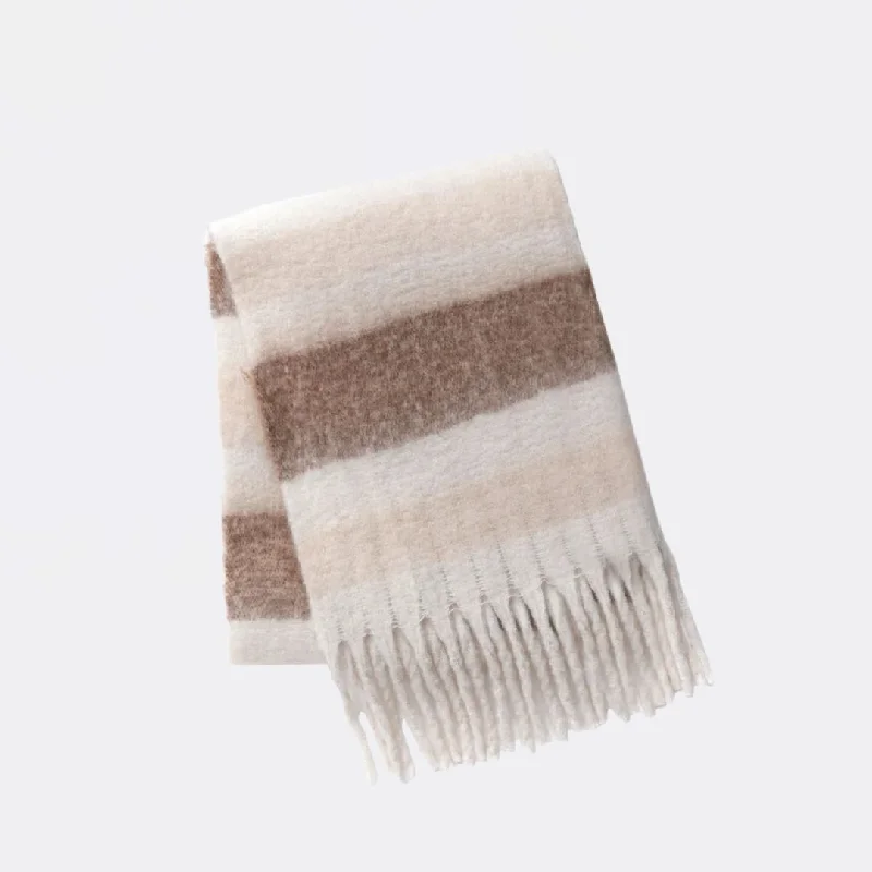 Women's Coats with Fur Trimmed ZipperCicel Faux Mohair Striped Scarf With Fringed Edge (Hush)