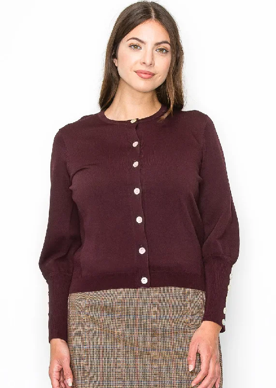 Women's Boat Collar SweatersBurgundy Cardigan with Cuff Buttons