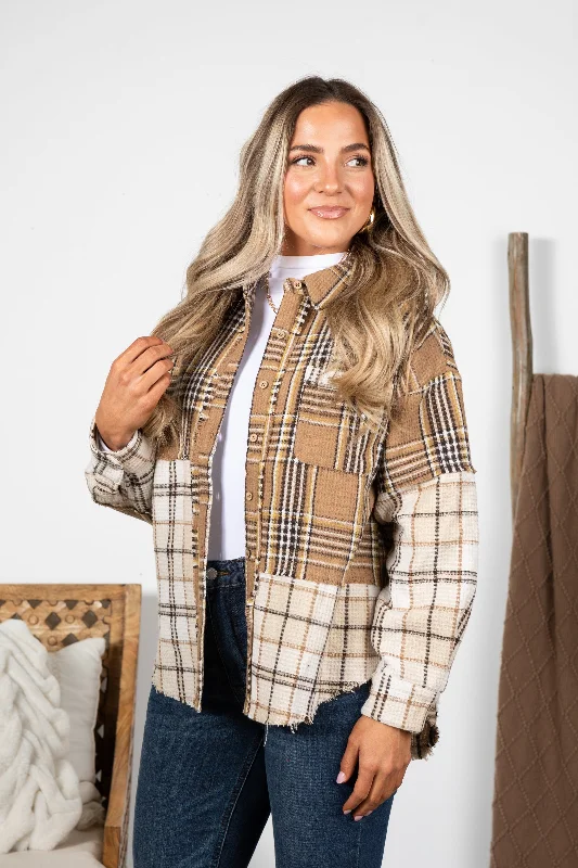 Women's Coats with Fur Trimmed ZipperTan Mixed Plaid Oversized Shacket