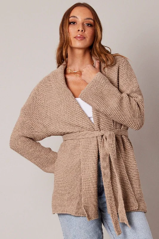 Women's U-Shaped Neck SweatersBeige Knit Cardigan