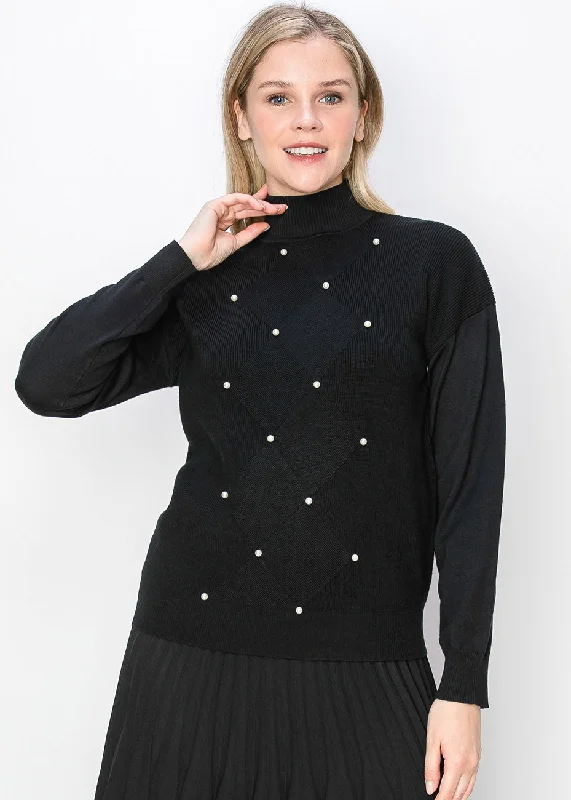 Women's Scoop Neck SweatersPearl Accent Black Knit Sweater