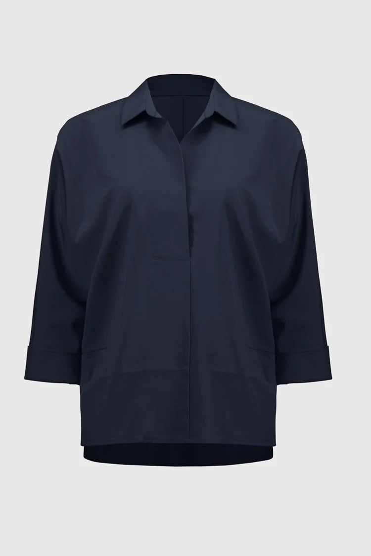 Women's Longline SweatersJoseph Ribkoff Midnight Blue Poplin Boxy Shirt With Overlapping V-Neck