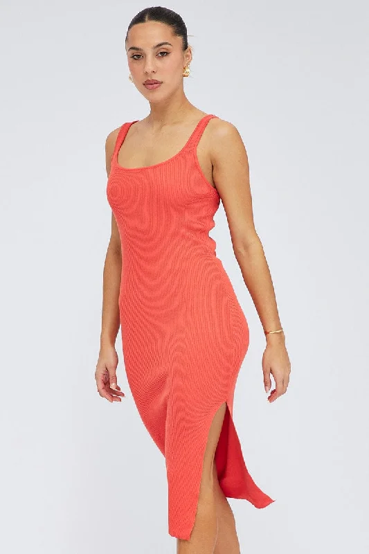 Women's Notched Collar SweatersOrange Midi Dress Bodycon Round Neck Ribbed Knit