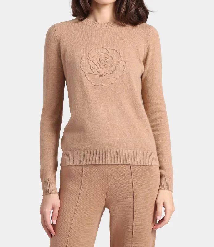 Women's Bosnian Wool SweatersCashmere Embossed Rose Sweater In Camel