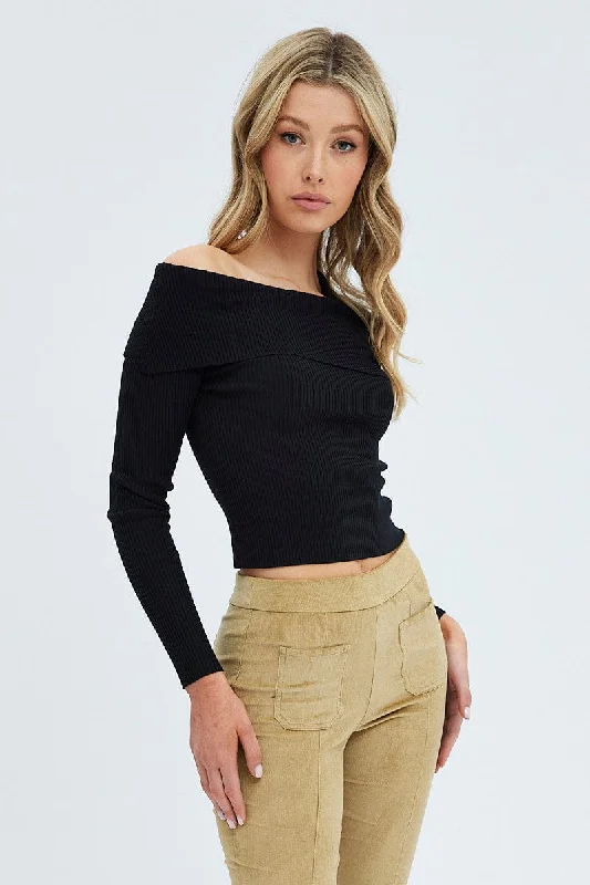 Women's High Collar SweatersBlack Knit Top Off The Shoulder Ribbed