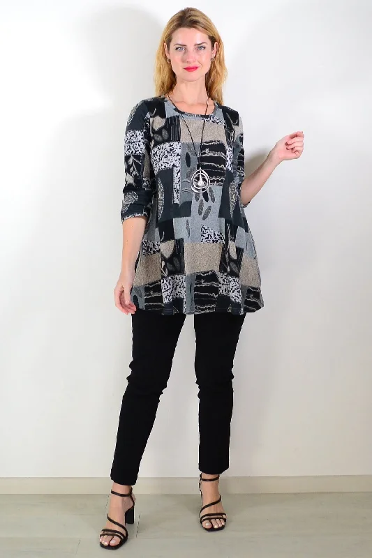 Women's Coats with Fur TrimGrey Abstract Print Fleece Tunic Top