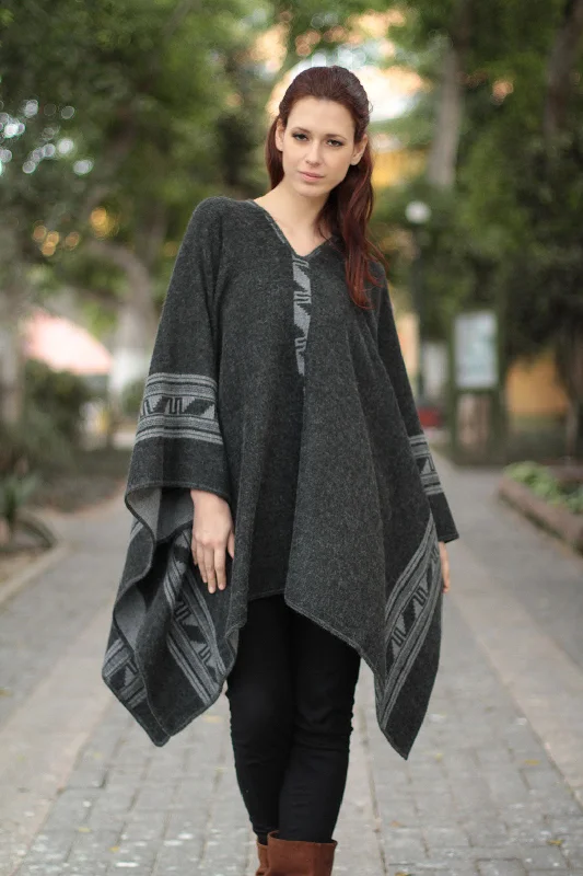 Women's Longline SweatersGray & Black Glyphs Alpaca Blend Reversible Poncho