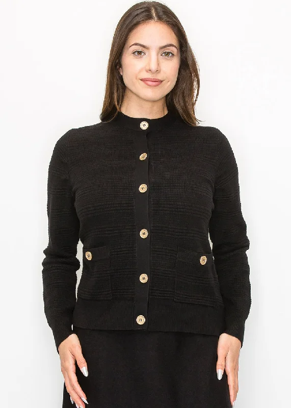 Women's Patterned SweatersButtoned Black Knit Cardigan with Pockets