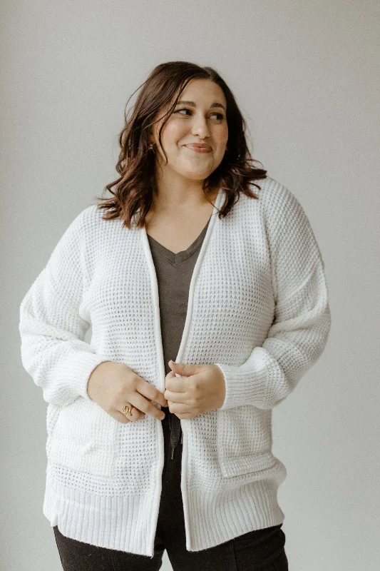 Women's Blazer CoatsCROCHET KNIT OPEN FRONT CARDIGAN WITH POCKETS IN OFF-WHITE