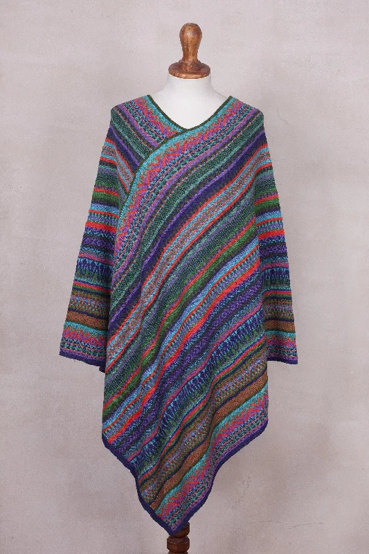 Women's Shirred SweatersStripes in Bloom Fuchsia and Multi-Color Striped Acrylic Knit Poncho