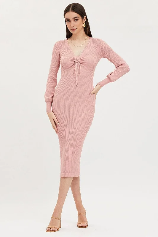 Women's Solid Color SweatersPink Knit Dress Evening Midi