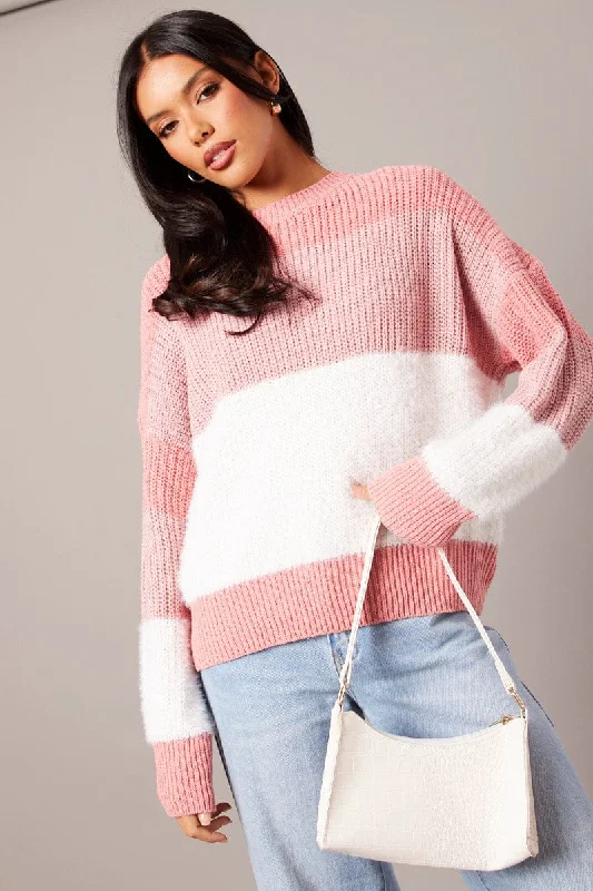 Women's Solid Color SweatersPink Stripe Knit Top Long Sleeve Color Block