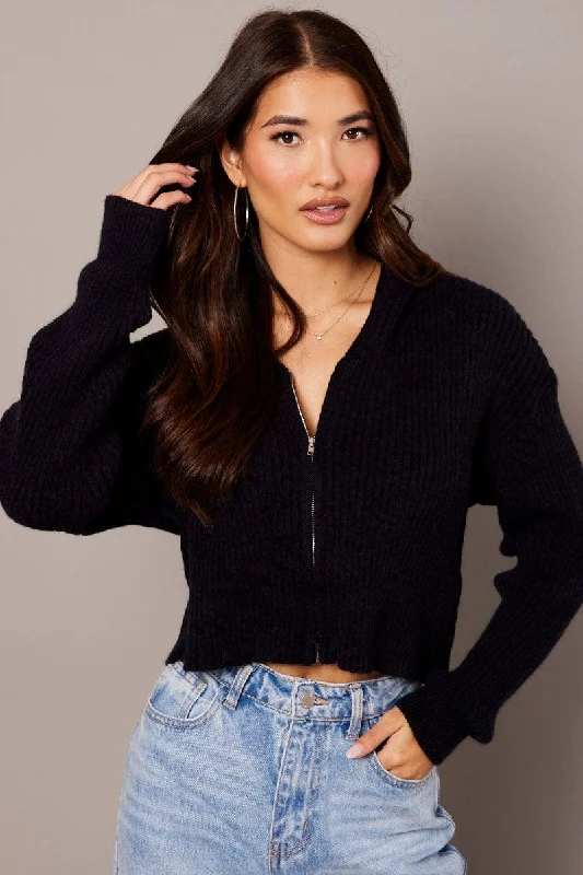 Women's Cropped Length SweatersBlack Knit Cardigan Long Sleeve Hooded