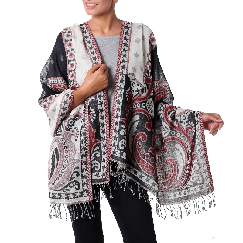 Women's Georgian Wool SweatersAgra Night Dramatic Indian Wool Shawl in Black and White with Red