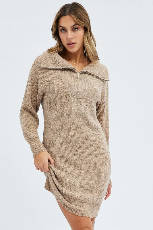 Women's Irish Wool SweatersCamel Knit Dress Long Sleeve Turtleneck Zip