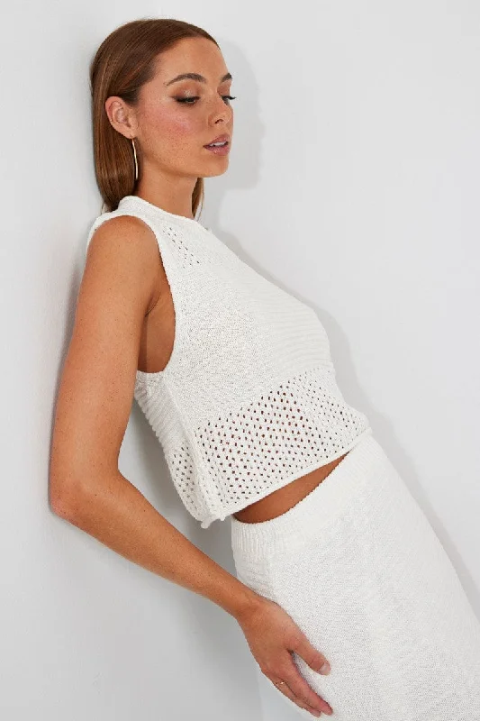 Women's Embroidered SweatersWhite Crochet Knit Tank Top