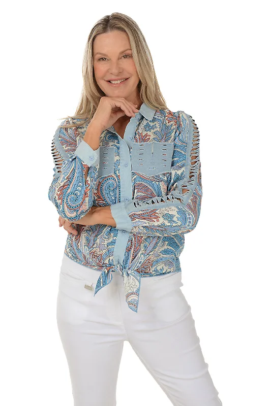 Women's Coats with Fur Trimmed SleevesBlue Slashed Paisley Tie-Front Shirt