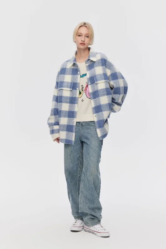 Women's Parka CoatsCream Blue Plaid Coat