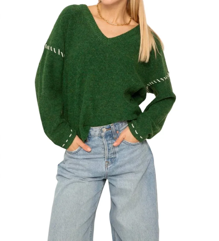 Women's Peter Pan Collar SweatersBillie Whipstich V Neck Sweater In Green