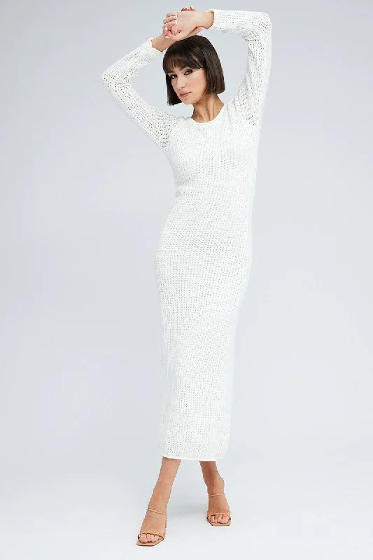 Women's Bosnian Wool SweatersWhite Crochet Maxi Knit Dress