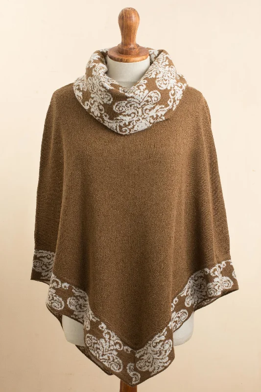 Women's Button-Up CardigansGlamour Glimpses Sepia Brown and Ivory Alpaca Blend Cowl Neck Knit Poncho