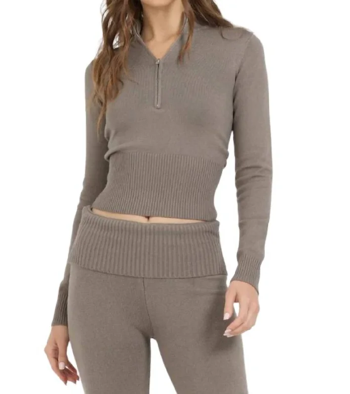 Women's Serbian Wool SweatersSlim Fit Knit Quarter Zip In Olive Grey