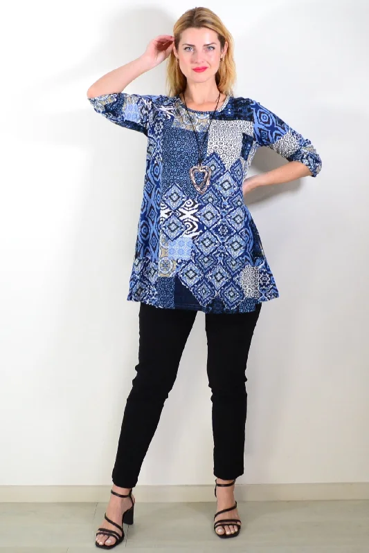 Women's Duffle CoatsBlue Abstract Print Fleece Tunic Top